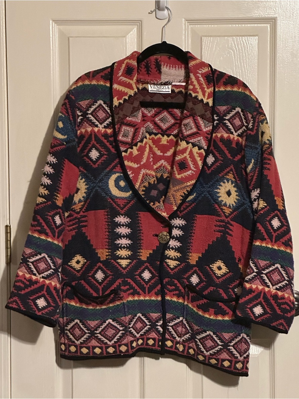 Venezia Red Multicolor Aztec Print Knit Blazer